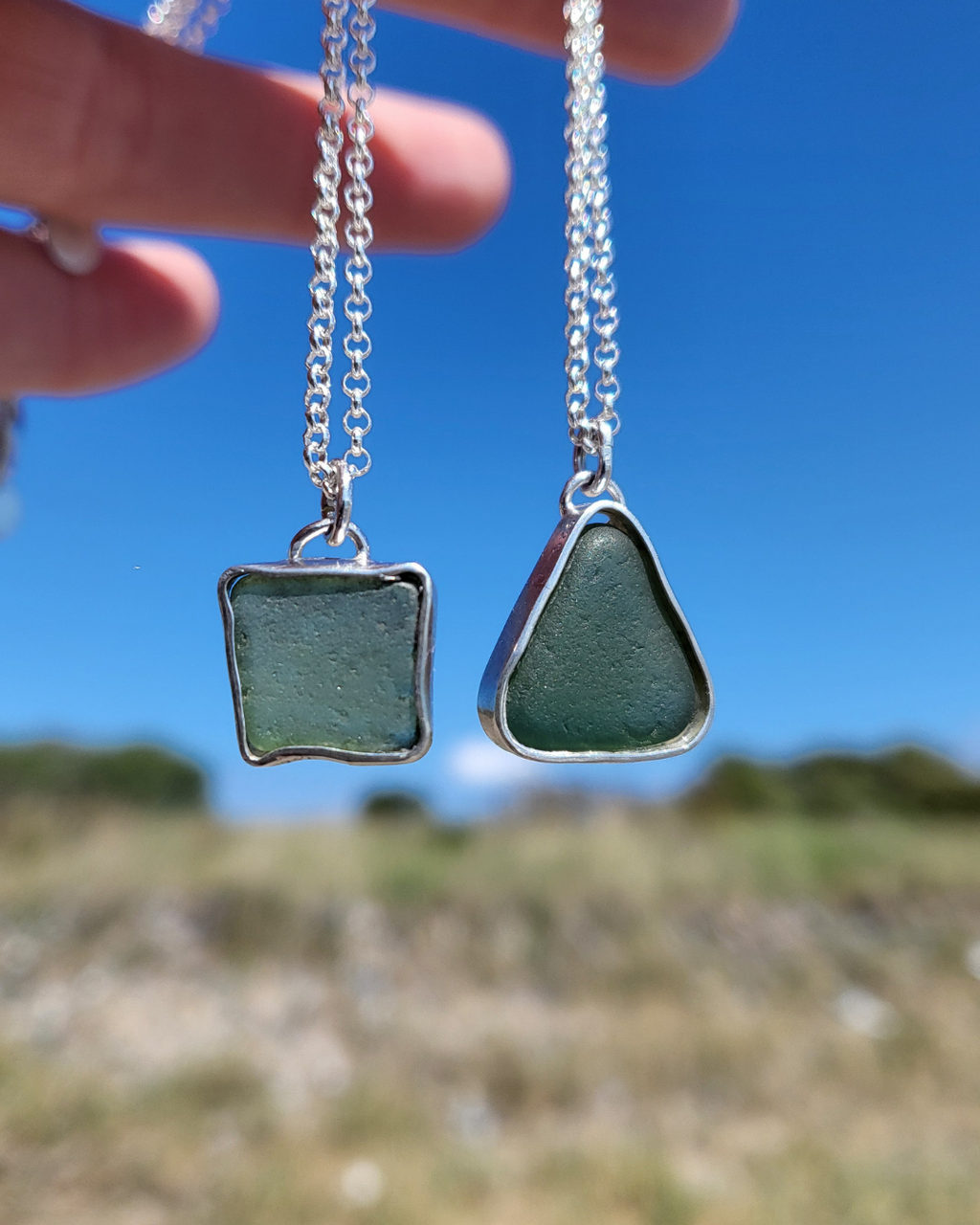 Birne, dreieckige und viereckige grüne Seeglas Silberketten mit echtem Seeglas von Rügen