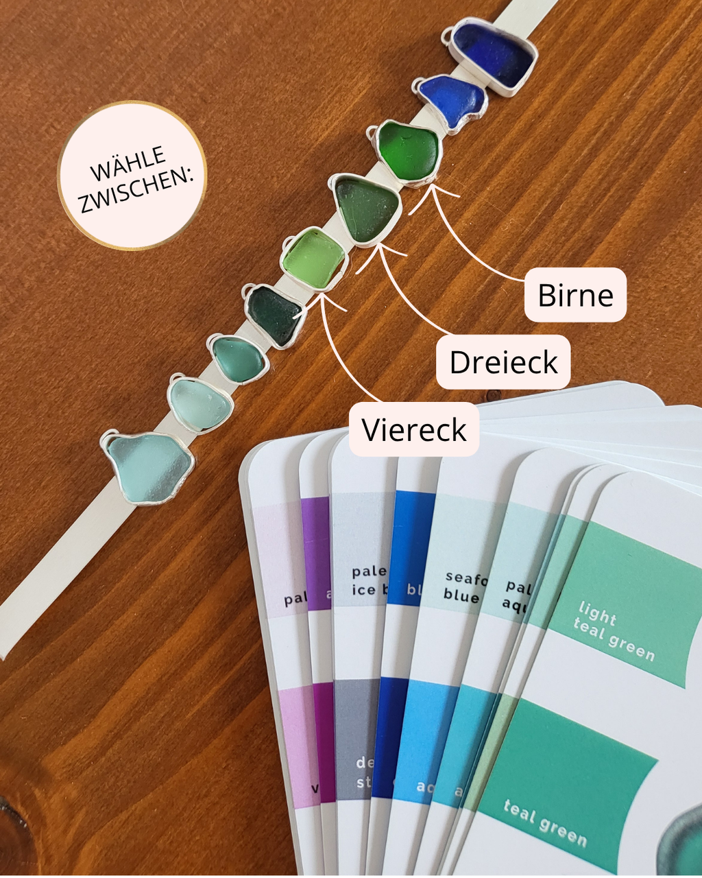 Birne, dreieckige und viereckige grüne Seeglas Silberketten mit echtem Seeglas von Rügen