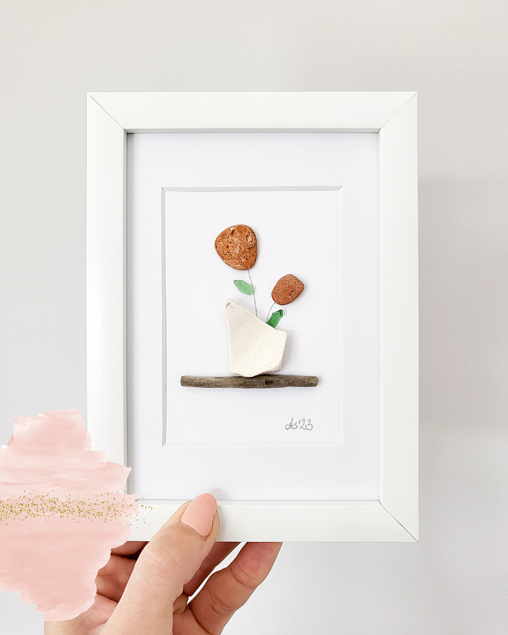 Seeglasbild Kaktus - mit Treibholz, Seekeramik und echtem Seeglas aus der Ostsee