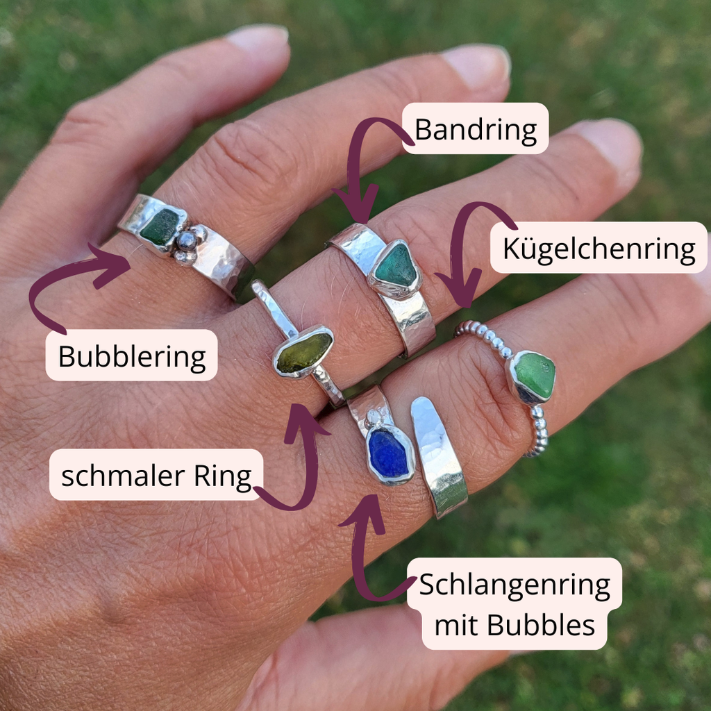 Seeglas Ringe von Rügen – Handgeschmiedet und nachhaltig aus recyceltem 935 Sterling Silber