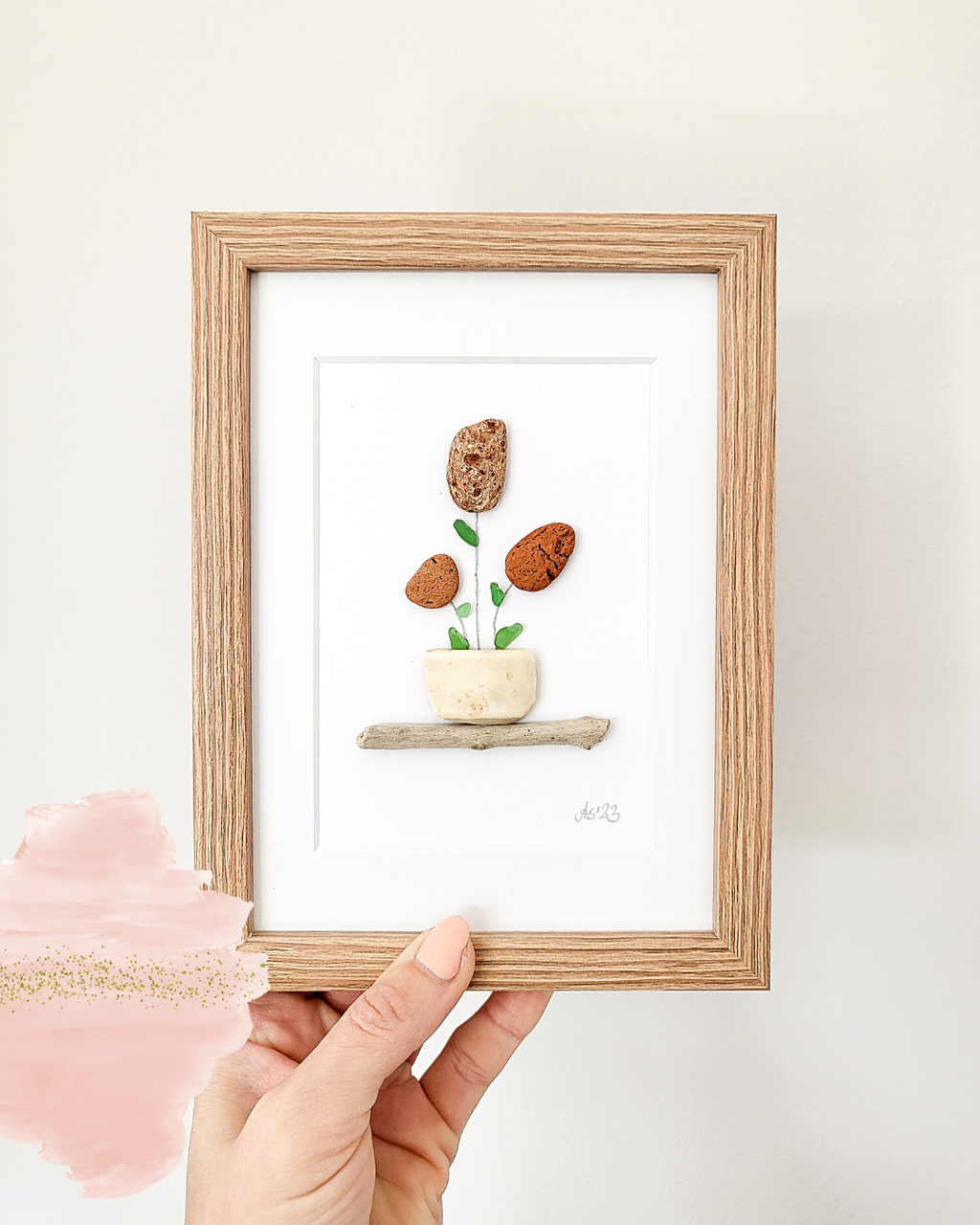 Seeglasbild Kaktus - mit Treibholz, Seekeramik und echtem Seeglas aus der Ostsee