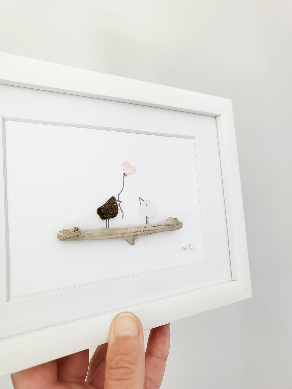 Seeglasbild Herzluftballon - mit Treibholz und echtem Seeglas aus der Ostsee