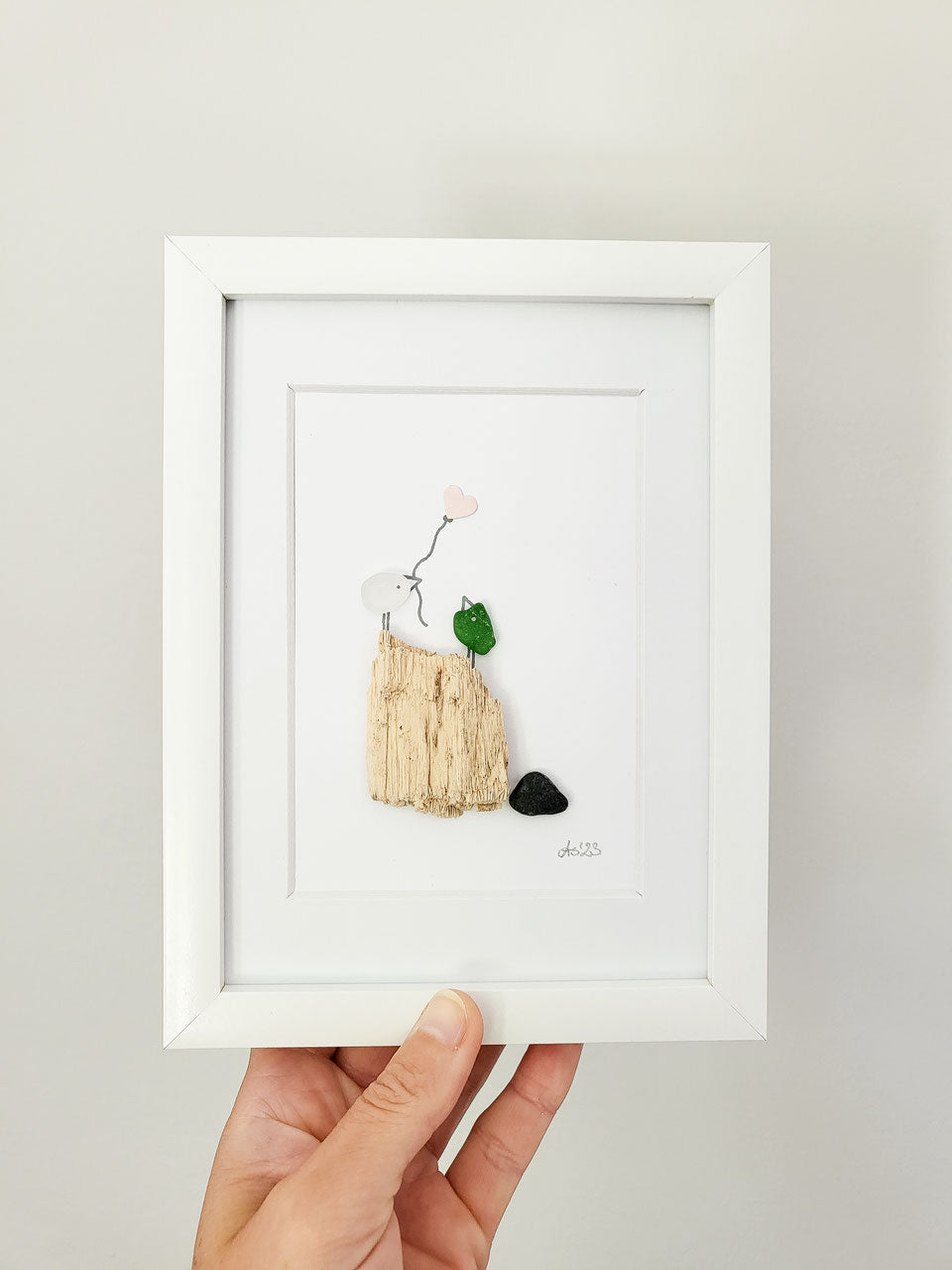 Seeglasbild Herzluftballon - mit Treibholz und echtem Seeglas aus der Ostsee