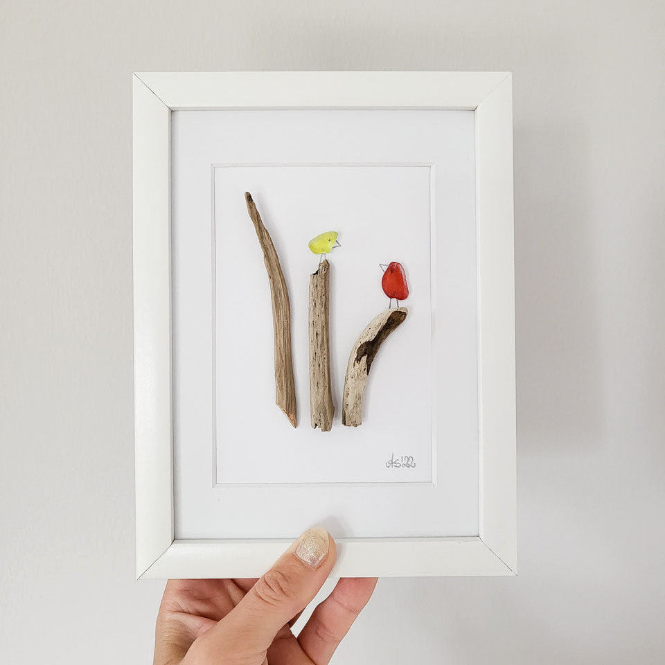 Seeglasbild Tropical Birds - mit Treibholz und echtem Seeglas aus der Ostsee