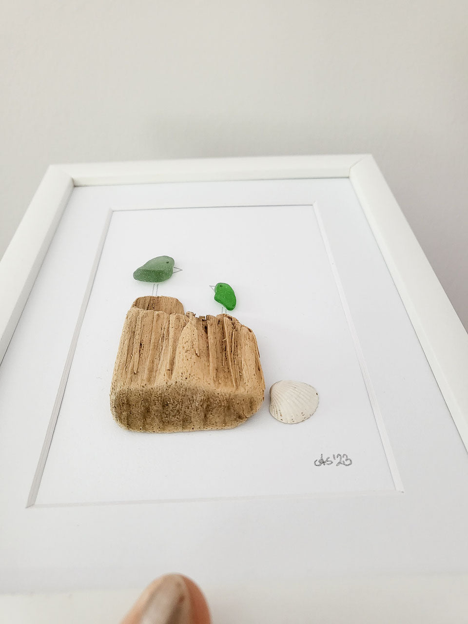 Seeglasbild Beachlife Big 1 Vögelchen - mit Treibholz, Muscheln und echtem Seeglas aus der Ostsee