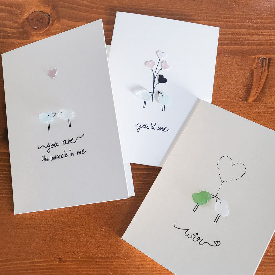 Karten zur Hochzeit und zum Valentinstag - mit echtem Seeglas aus der Ostsee