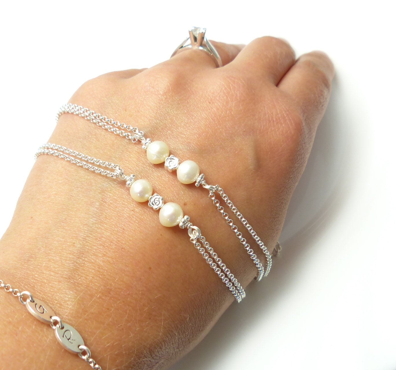 Rose und Perlen 925 Silberarmband / Brautschmuck