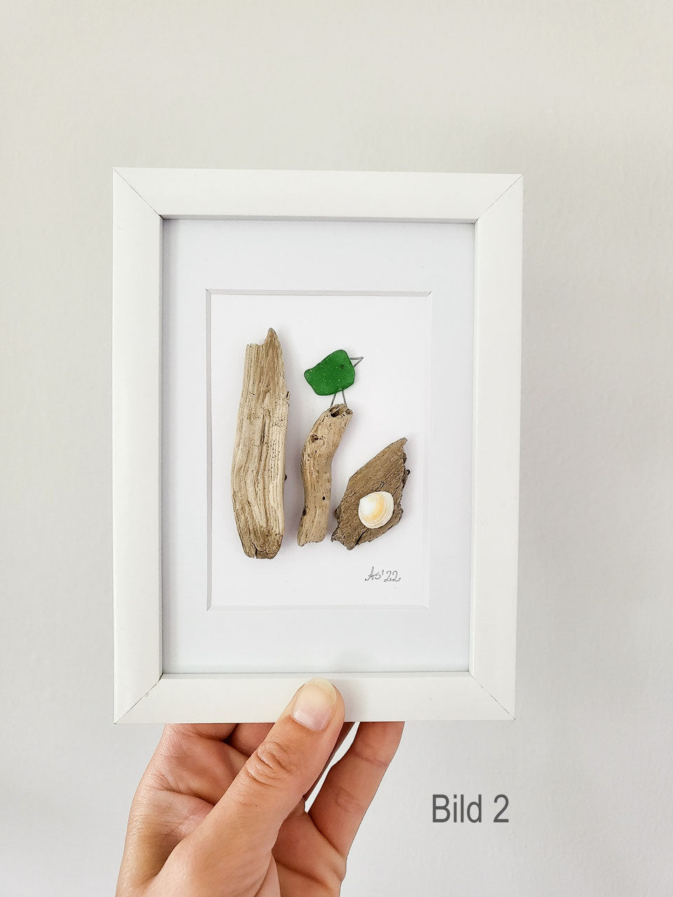Seeglasbild Beachlife 1 Vögelchen - mit Treibholz, Muscheln und echtem Seeglas aus der Ostsee