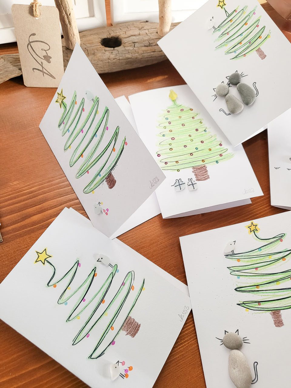 Weihnachtskarten mit Tannenbaum - mit echtem Seeglas aus der Ostsee