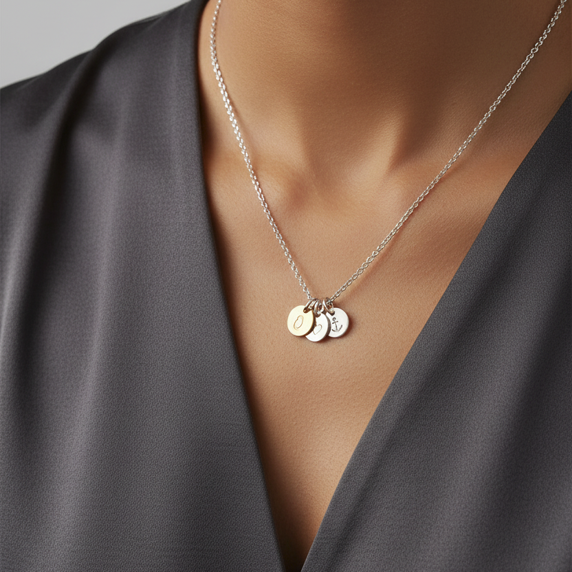 3 kleine runde Initialen 925 Silberkette Tricolor