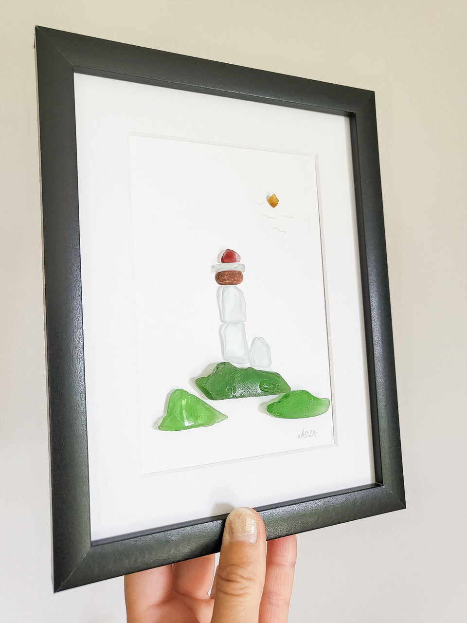 Seeglasbild Leuchtturmzauber - mit Steinen und echtem Seeglas aus der Ostsee