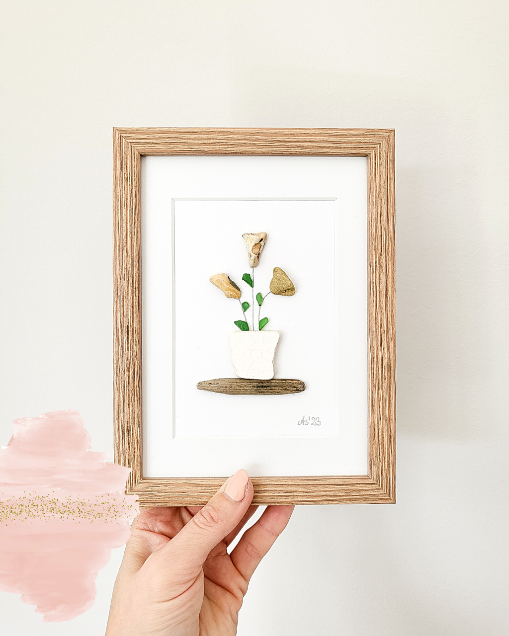 Seeglasbild Kaktus - mit Treibholz, Seekeramik und echtem Seeglas aus der Ostsee