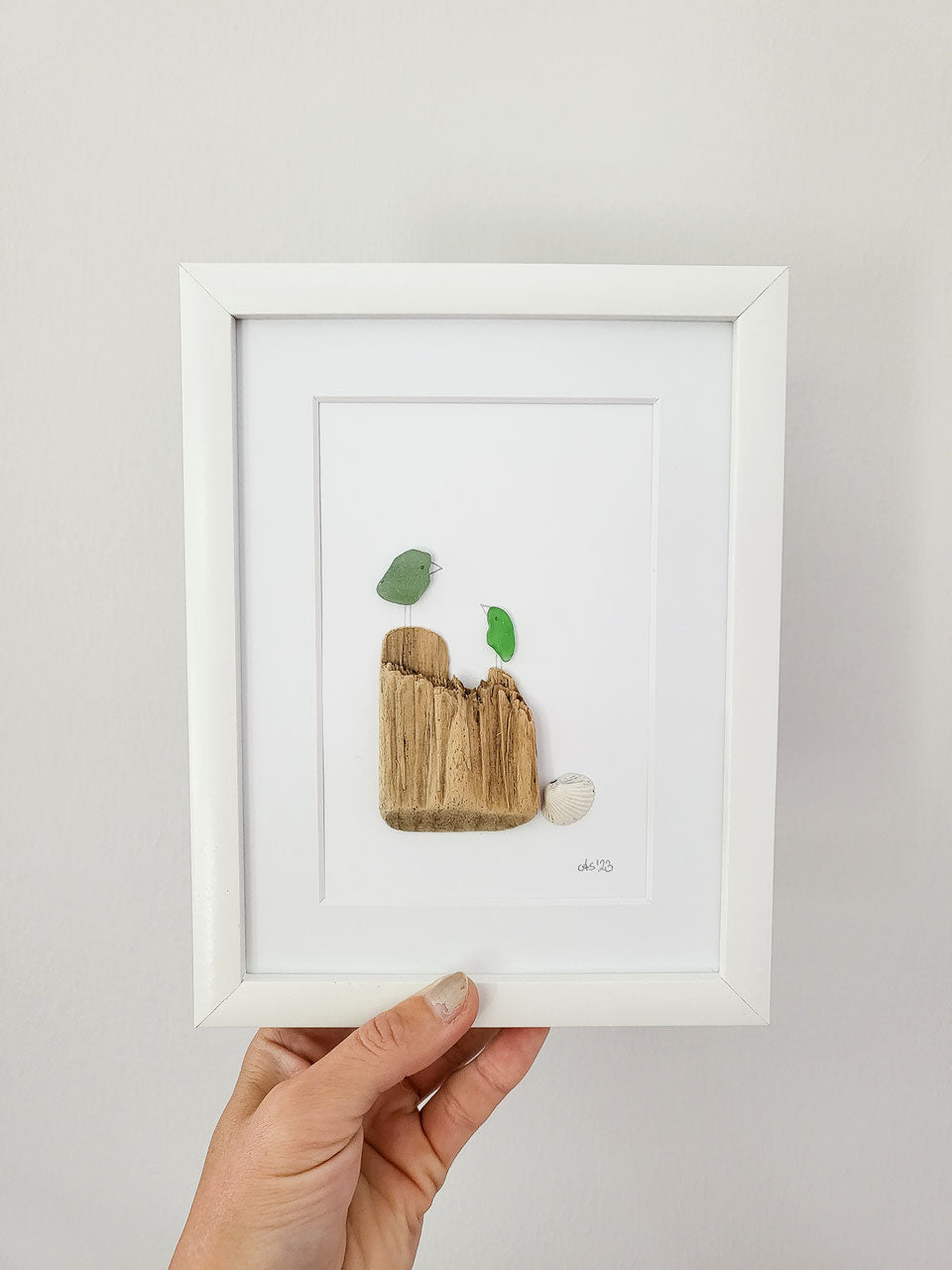 Seeglasbild Beachlife Big 1 Vögelchen - mit Treibholz, Muscheln und echtem Seeglas aus der Ostsee