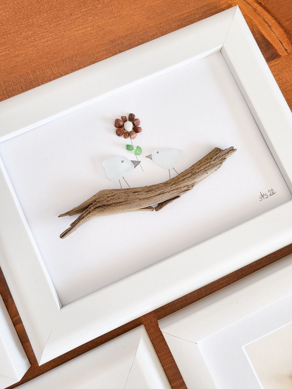 Seeglasbild Danke mit einer Blume - mit Treibholz, Steinen und echtem Seeglas aus der Ostsee