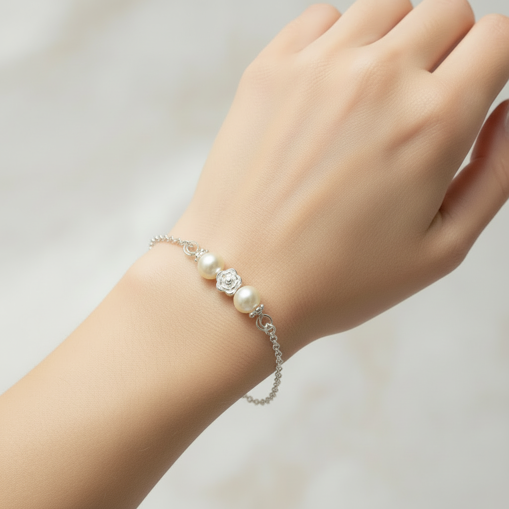 Rose und Perlen 925 Silberarmband / Brautschmuck