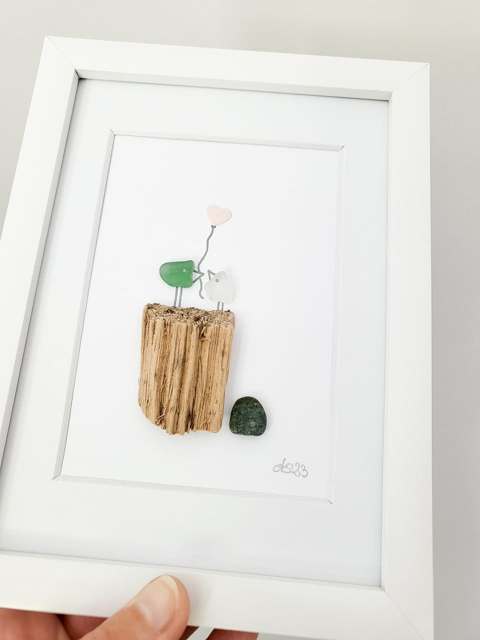 Seeglasbild Herzluftballon - mit Treibholz und echtem Seeglas aus der Ostsee