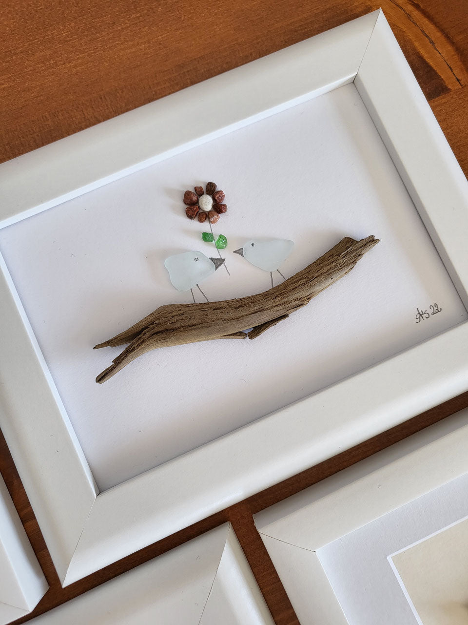 Seeglasbild Danke mit einer Blume - mit Treibholz, Steinen und echtem Seeglas aus der Ostsee