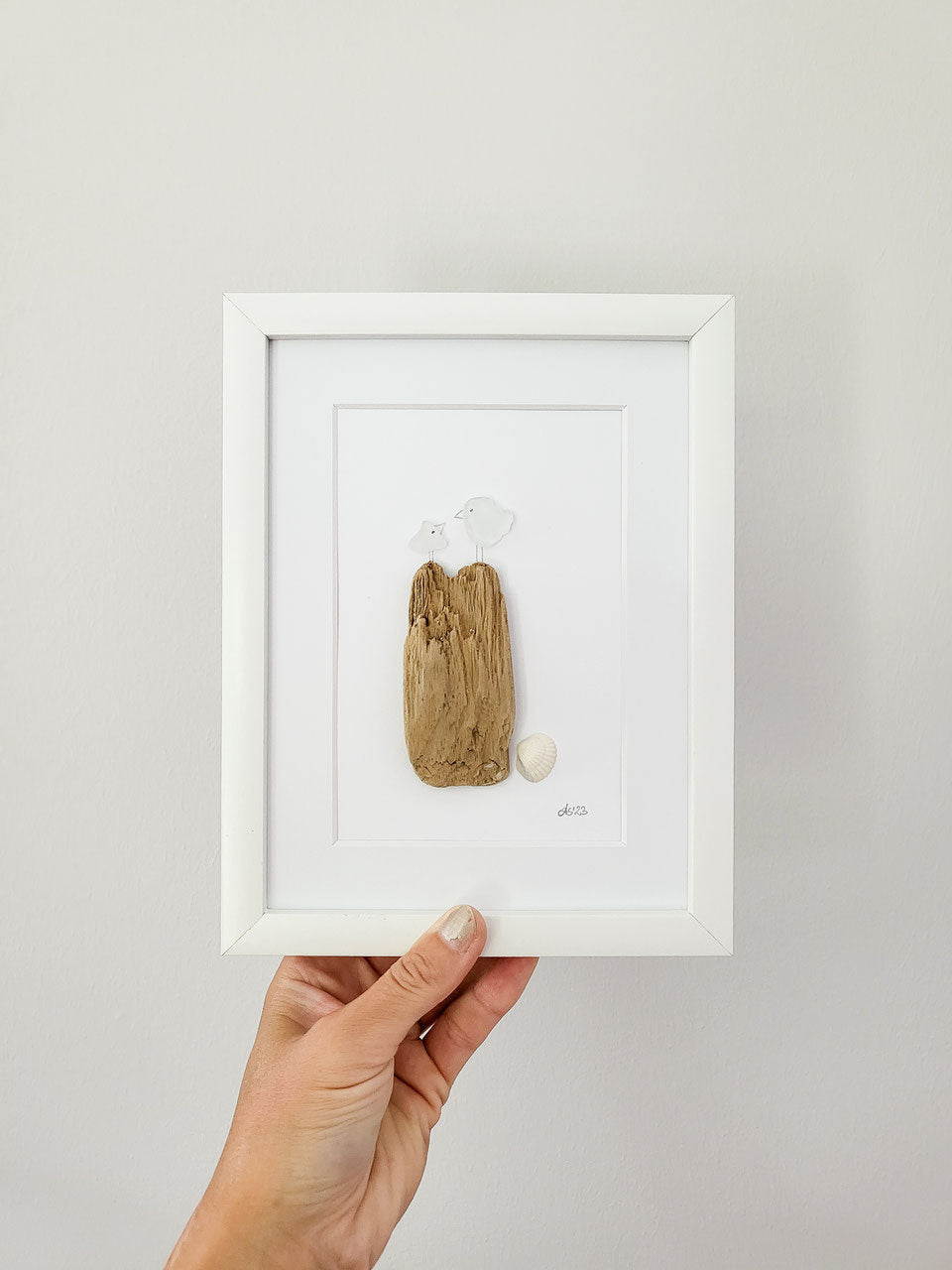 Seeglasbild Beachlife Big 1 Vögelchen - mit Treibholz, Muscheln und echtem Seeglas aus der Ostsee