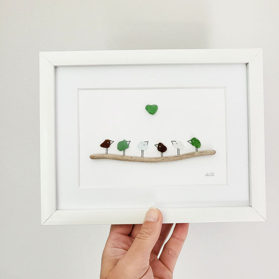 Seeglasbild Familie - mit Treibholz und echtem Seeglas aus der Ostsee