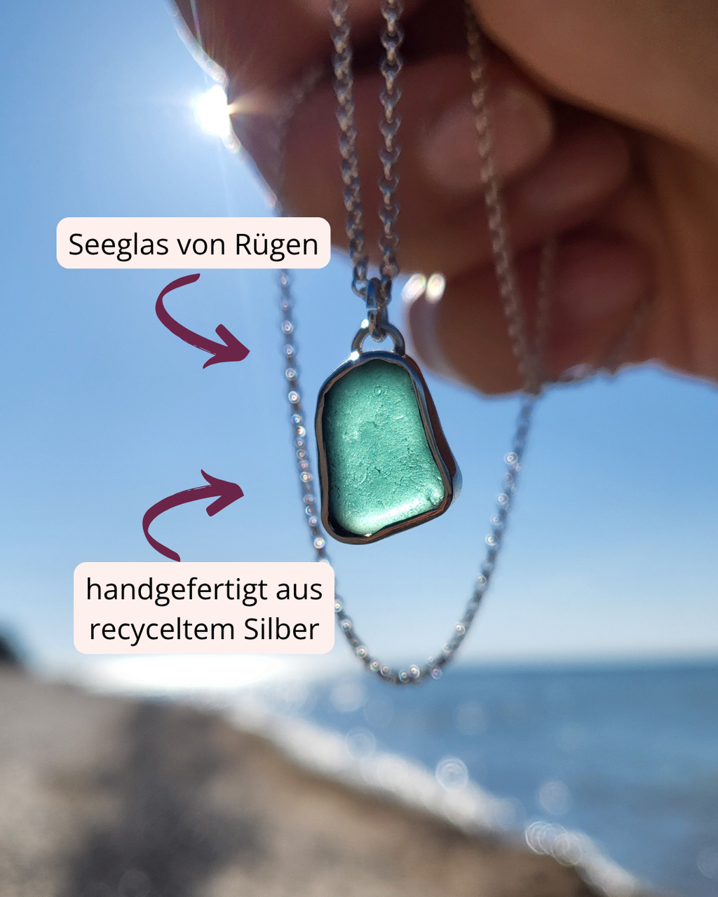 Dunkeltürkise Seeglas Silberkette mit echtem Seeglas von Rügen