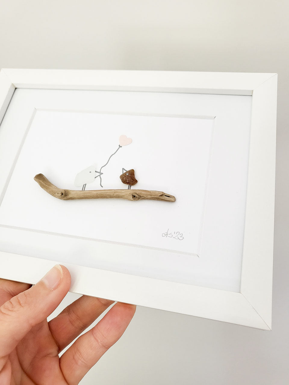 Seeglasbild Herzluftballon - mit Treibholz und echtem Seeglas aus der Ostsee