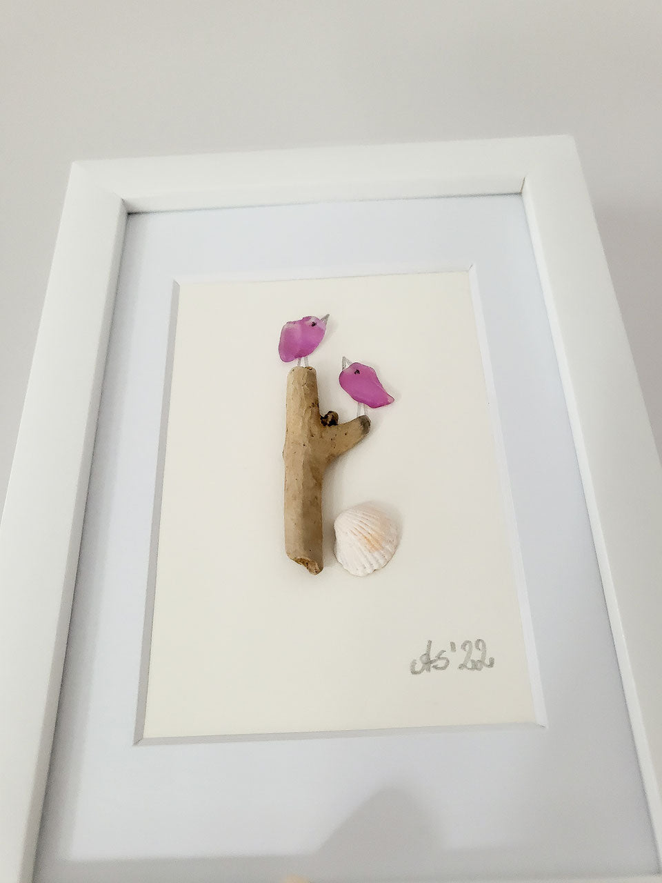 Andressâ - Seeglasbild Pink Birds - mit Treibholz, Muschel und und echtem Seeglas aus der Ostsee