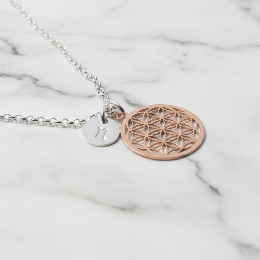 Blume des Lebens + Buchstabe 925 Silberkette / Namenskette