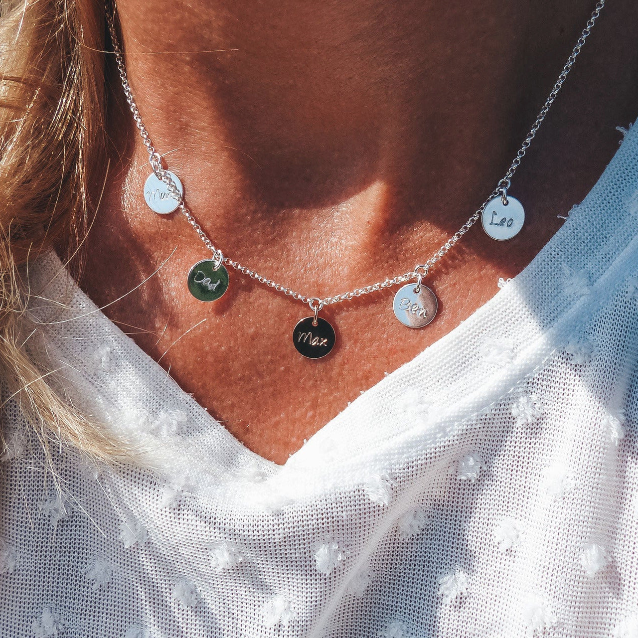 Familienkette Silber 5 Plättchen personalisiert | Bicolor Andressa Schmuck
