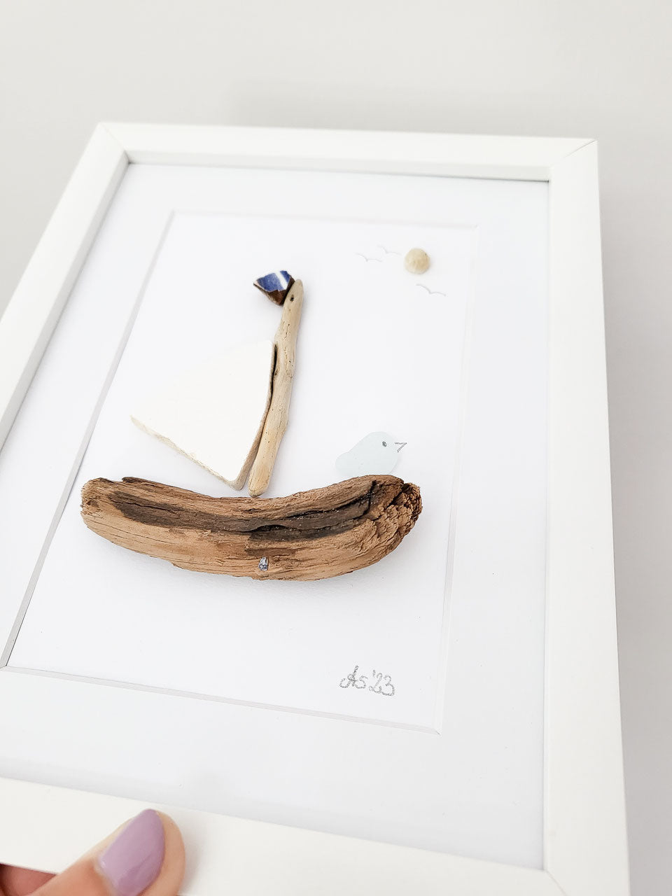 Seeglasbild Sail Away - Auf zu neuen Ufern - mit Keramik, Treibholz und echtem Seeglas aus der Ostsee